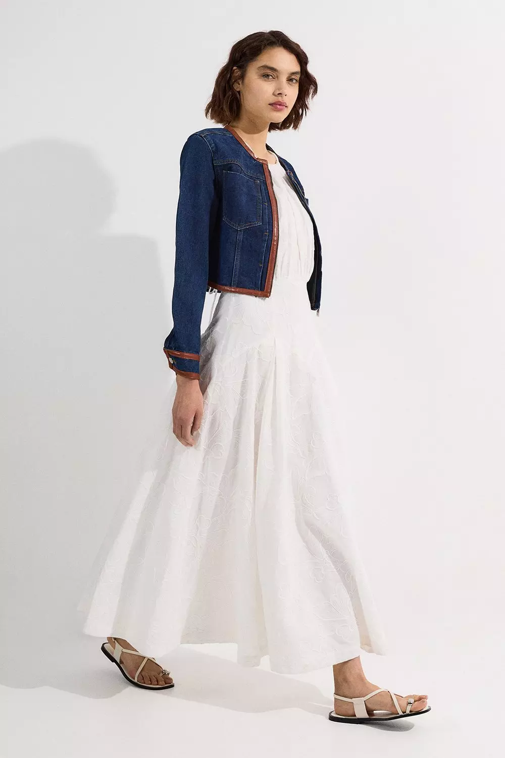 英国【Karen Millen】デニム＆フェイクレザー ジャケット Denim & Faux Leather Tipping Collarless Tailored Jacket